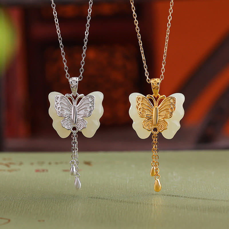 Buddha Stones 925スターリングシルバーメッキゴールド和田白翡翠バタフライ祝福ネックレスペンダント