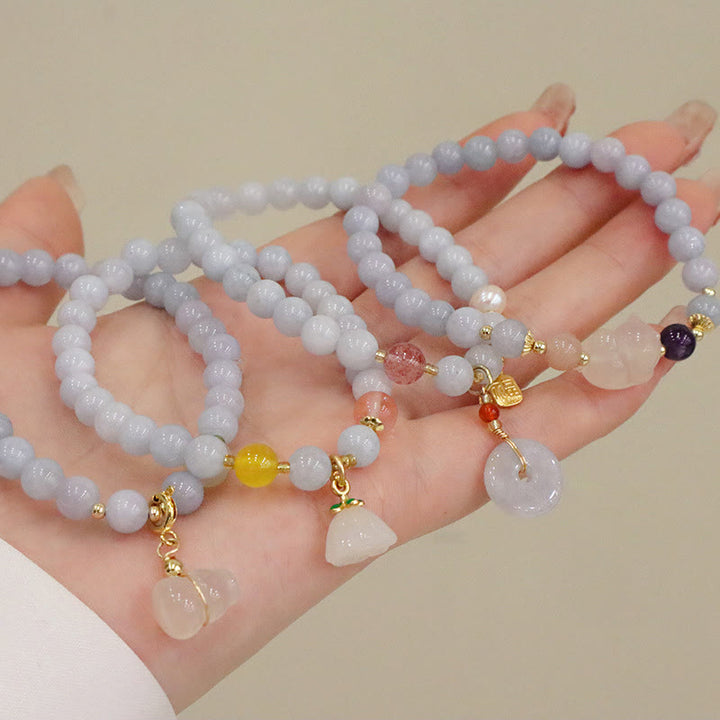 Buddha Stones天然アクアマリン カルセドニー セレニティ ウサギ ひょうたん 猫 チャームブレスレット - image 14