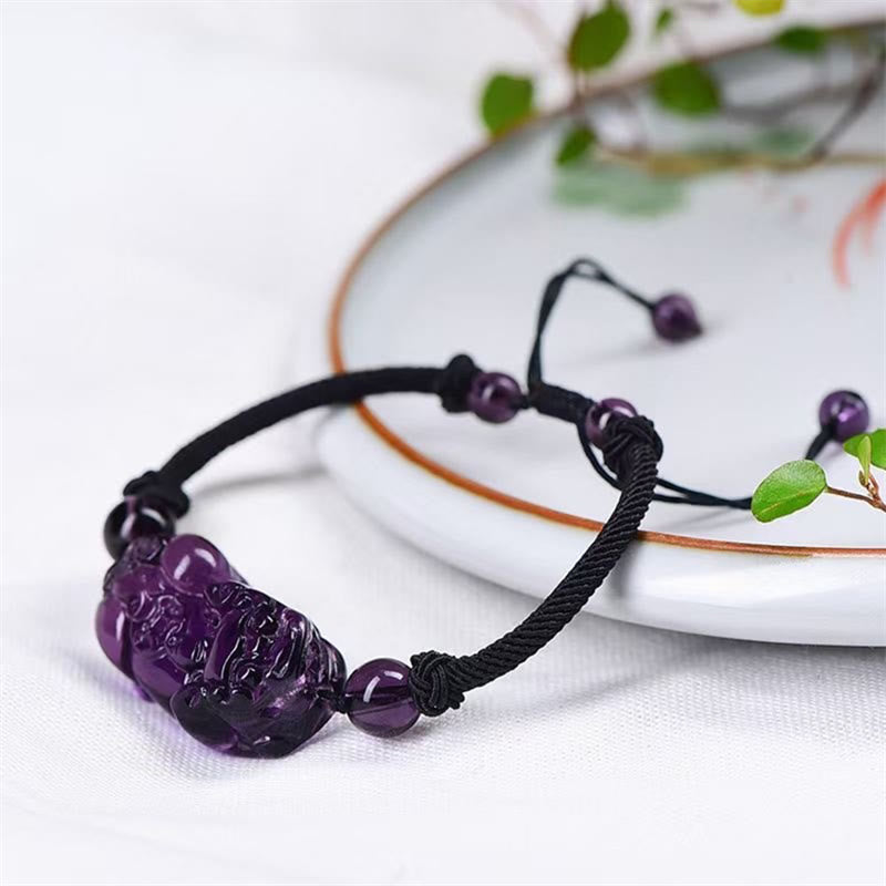Buddha Stones天然黒曜石 アメジスト シトリン 貔貅 銅貨開運財運ブレスレット