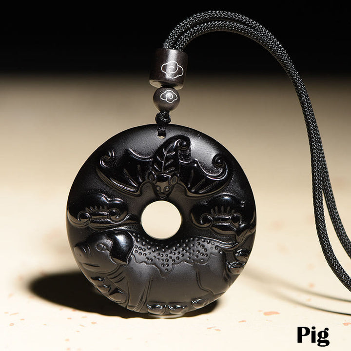 Buddha Stones中国の十二支 天然黒曜石平和のお守りチャーム強さ ネックレス ペンダント - 豚 - image 23