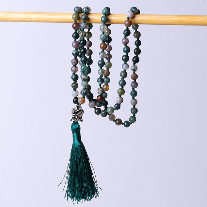 Buddha Stones 108Malaビーズ インド瑪瑙 仏頭浄化ブレスレット