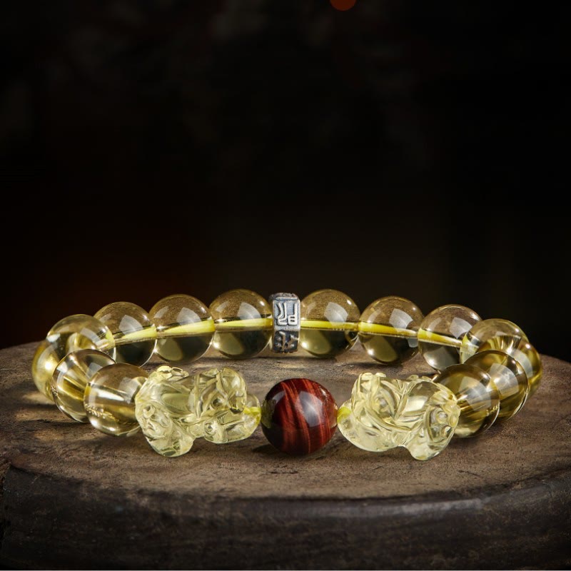 Buddha Stones天然シトリンダブル貔貅タイガーアイ繁栄守護ブレスレット