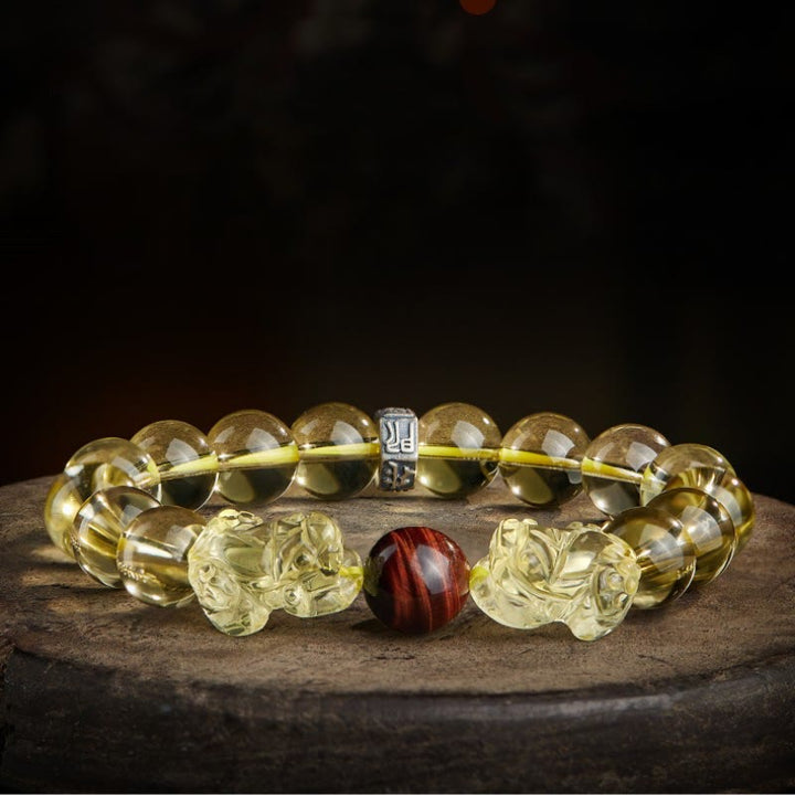 Buddha Stones天然シトリンダブル貔貅タイガーアイ繁栄守護ブレスレット