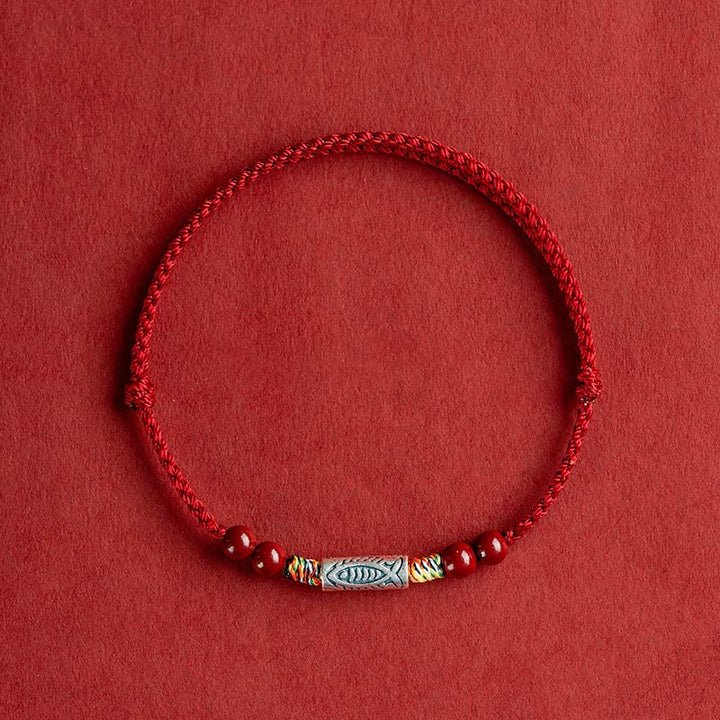 Buddha Stones 925スターリングシルバー 鯉 辰砂 ビーズ 富 手作り 編み込み ブレスレット アンクレット