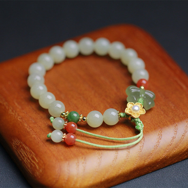 Buddha Stones925スターリングシルバー 翡翠 幸運の花 蝶 ブレスレット