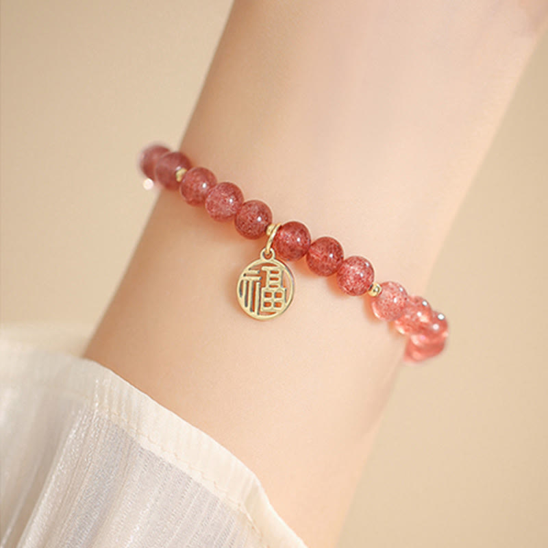 Buddha Stones14Kゴールドメッキ ストロベリークォーツ フーキャラクター ヒーリングチャームブレスレット