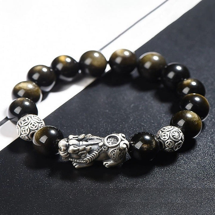 Buddha Stones925スターリングシルバー 天然ゴールド 光沢 黒曜石 貔貅 富の守護ブレスレット