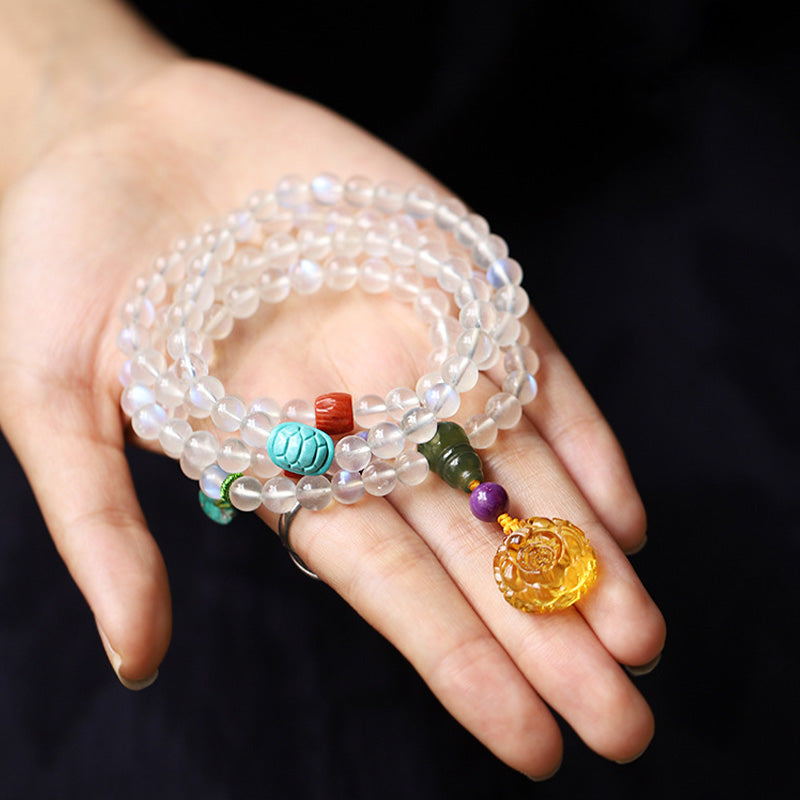 Buddha Stones 108Malaビーズ ムーンストーン アンバー ロータス ターコイズ クリスタル ヒーリングブレスレット