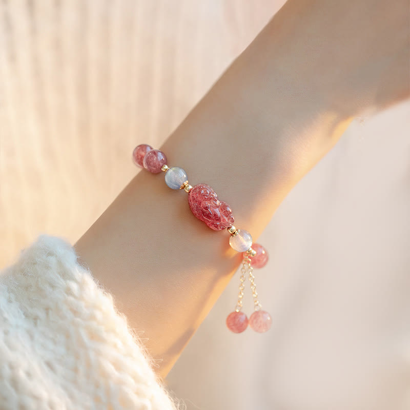 Buddha Stones天然ストロベリークォーツ ムーンストーン 貔貅 愛のヒーリングブレスレット