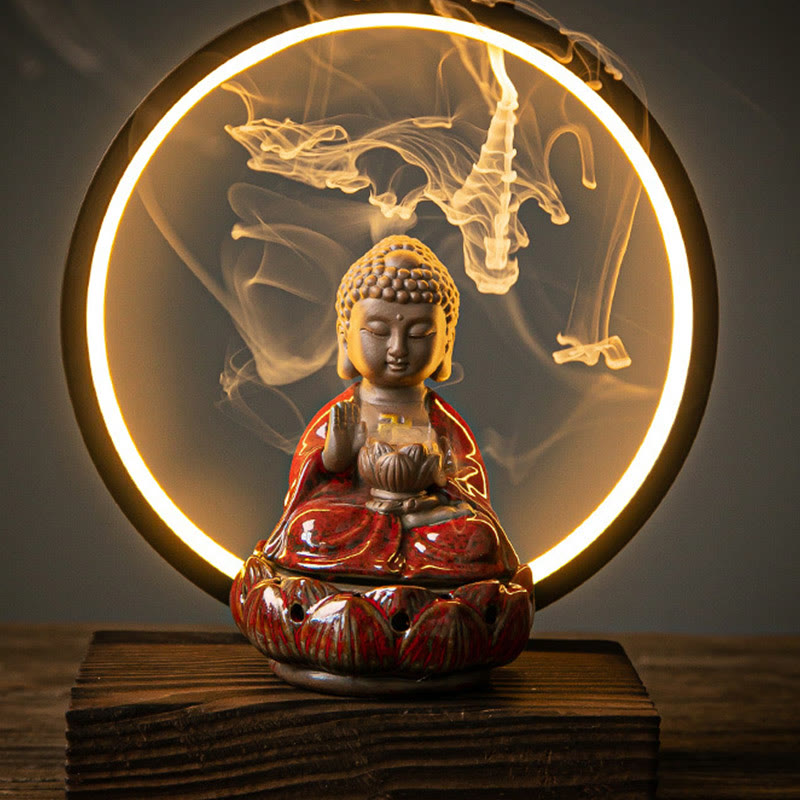 Buddha Stones仏陀 蓮 逆流 煙噴水 陶器 祝福 香炉 ライト装飾付き