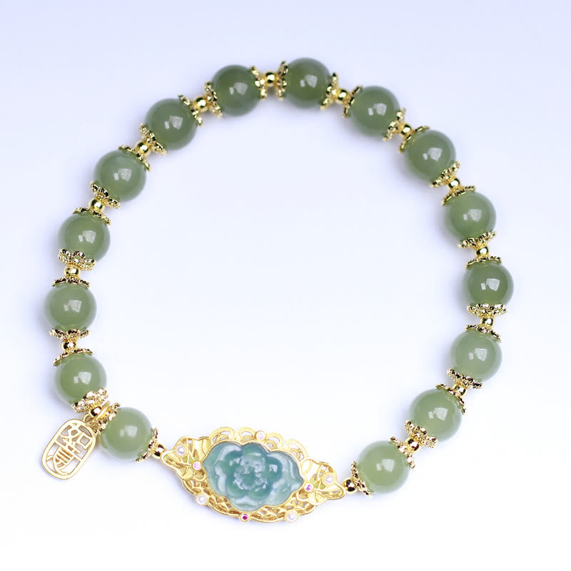 Buddha Stones 925スターリングシルバーメッキ 14Kゴールド 和田翡翠 蓮華幸運ブレスレット - image 3