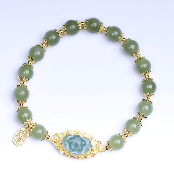 Buddha Stones 925スターリングシルバーメッキ 14Kゴールド 和田翡翠 蓮華幸運ブレスレット - image 3