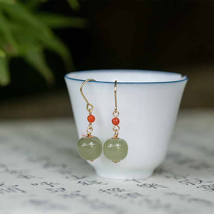 Buddha Stones 925スターリングシルバーメッキ 14Kゴールド 和田翡翠 赤瑪瑙 幸運の雫 ダングルイヤリング - image 4