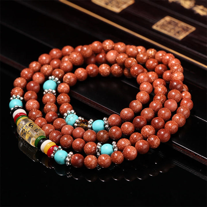 Buddha Stones 108Malaビーズ ゴールドストーンOm Mani Padme Humスワスティカ 自信のブレスレット