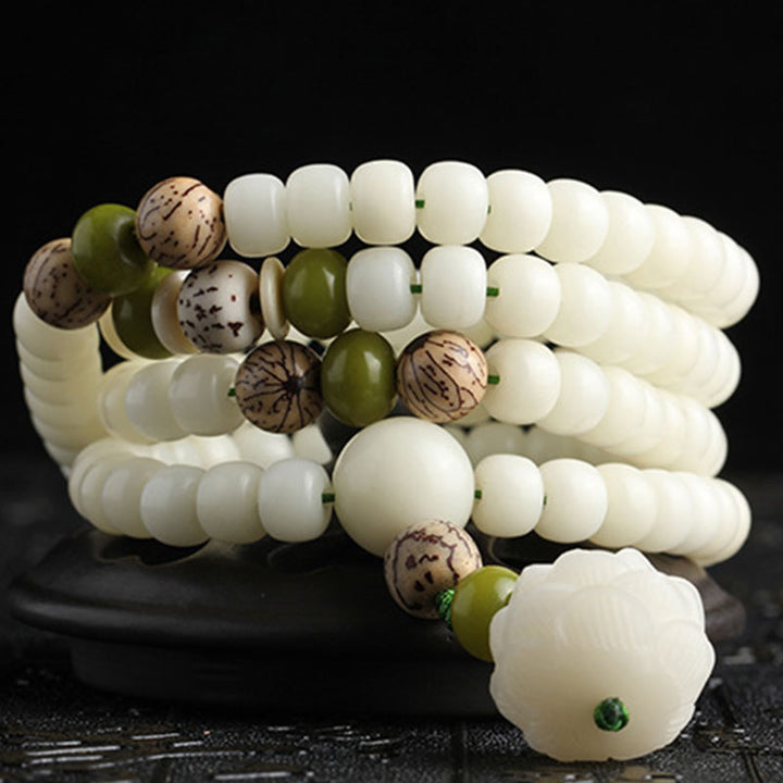 Buddha Stones 白翡翠&菩提樹ビーズ マーラ 念珠ネックレス 蓮チャーム付き