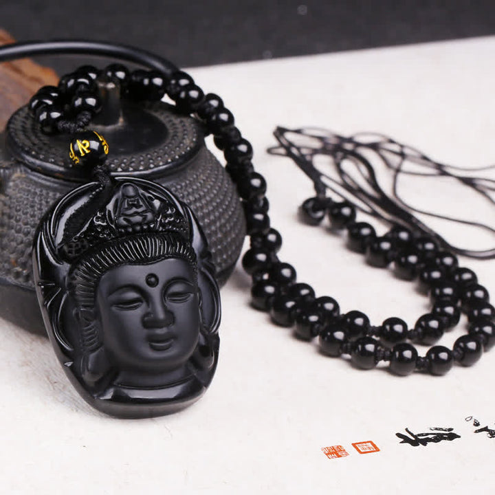 Buddha Stones天然黒曜石 観音菩薩 強さの紐ネックレスペンダント - ブラックオブシディアン(浄化♥変容) - image 1