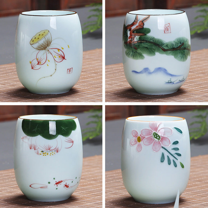 Buddha Stones、鯉、蓮、風景、タンポポ、牡丹、花、陶器のティーカップ、カンフーティーカップ