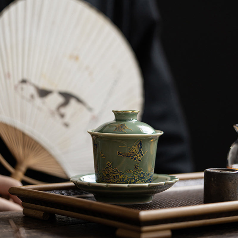 Buddha Stones緑磁器 蝶 花 サーモン 魚 陶器 蓋碗 三彩 ティーカップ カンフー ティーカップ ソーサー 蓋付き
