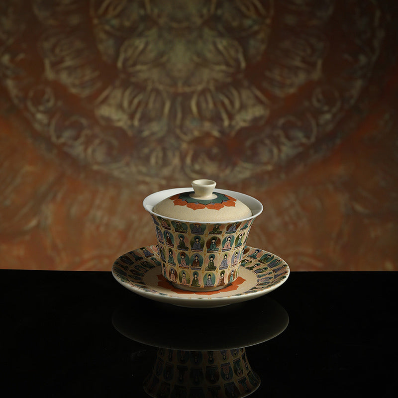 Buddha Stones敦煌色千仏飛天沙文様蓋碗 カンフー茶碗 蓋付き