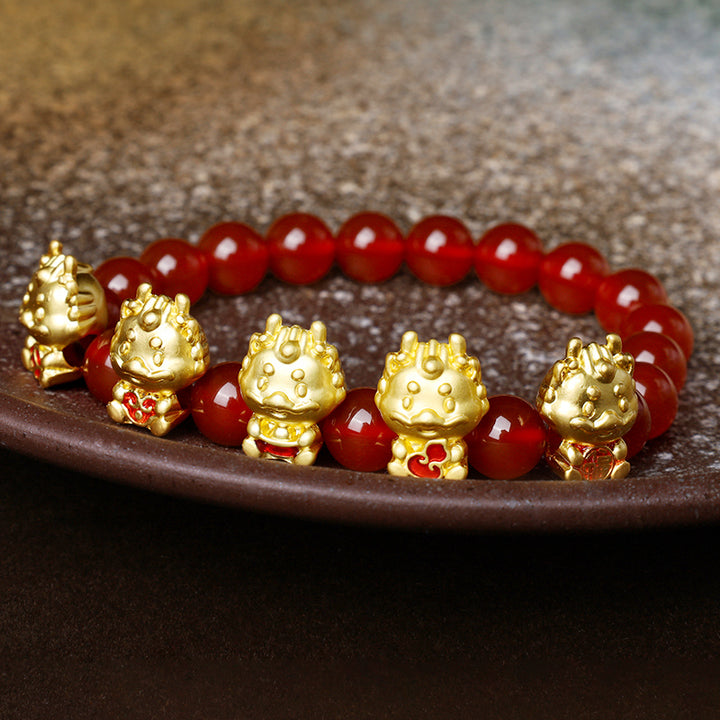 龍年用Buddha Stones天然赤瑪瑙銅貨福字守護ブレスレット