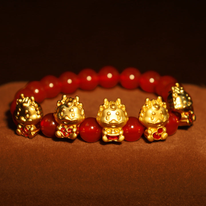 龍年用Buddha Stones天然赤瑪瑙銅貨福字守護ブレスレット