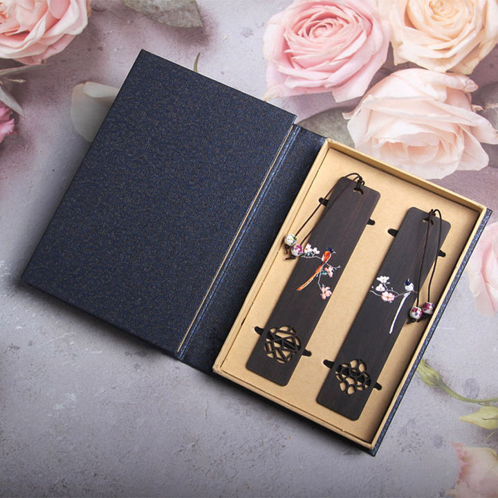 Buddha Stonesオリオール 鳥 花 黒檀 木製 ブックマーク ギフトボックス付き