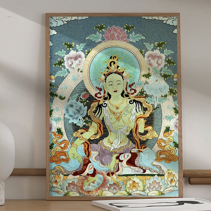 Buddha Stonesチベット刺繍 ホワイト ターラ タンカ タペストリー 壁掛け 壁アート 瞑想 室内装飾用
