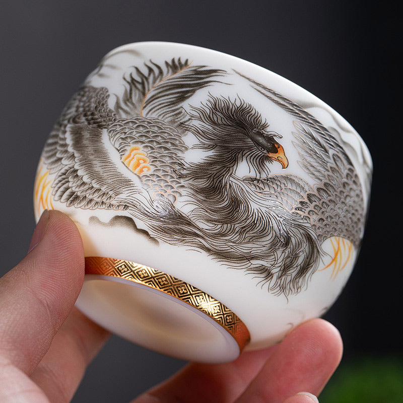 Buddha Stones鳳凰白磁陶器ティーカップ カンフーティーカップ 185ml ギフトボックス付き