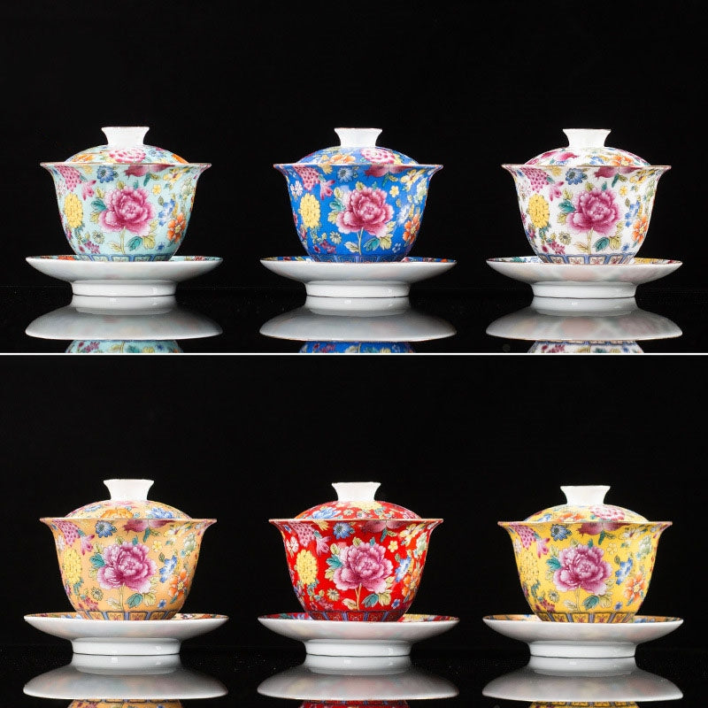 Buddha Stones牡丹の花の陶器蓋碗三彩ティーカップカンフーティーカップとソーサー蓋付き