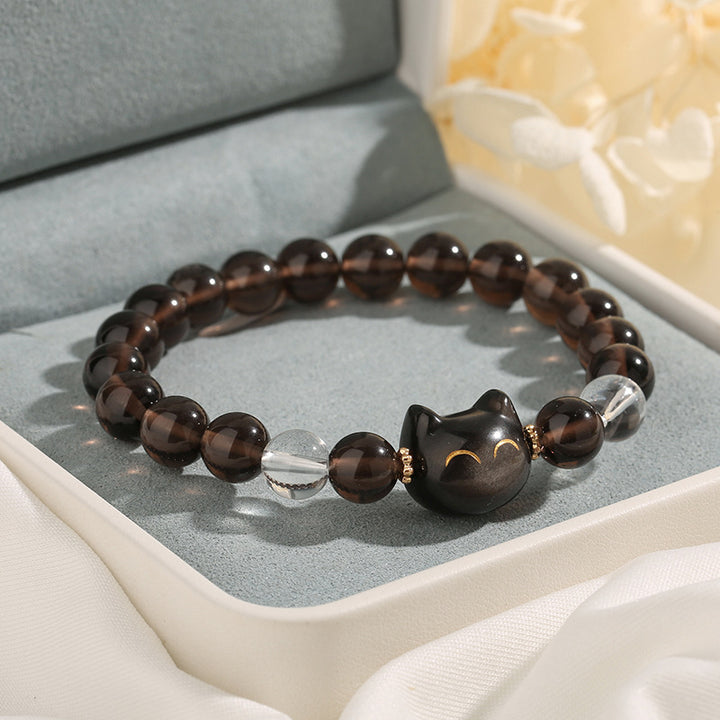 Buddha Stones天然氷オブシディアン シルバーシーンオブシディアン かわいい猫の幸運を呼ぶブレスレット - 14~16cm - image 1