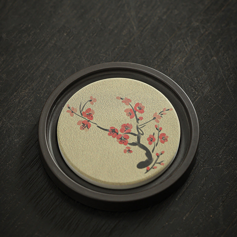 Buddha Stonesの花 桃色 般若心経 ビワ 木蓮 柿 陶器 カップマット パッド コースター カンフー ティーマット