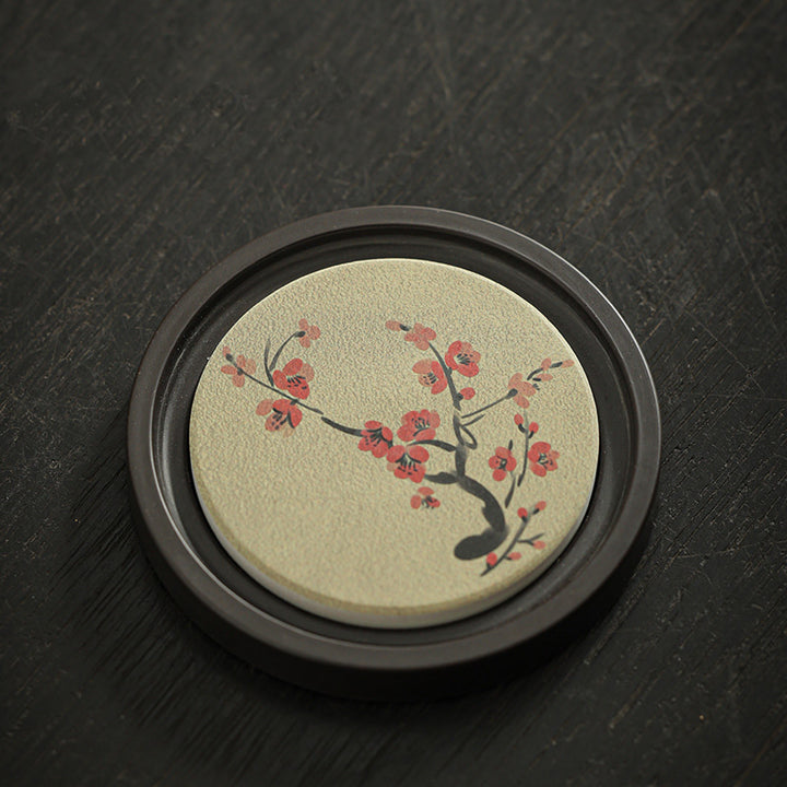 Buddha Stonesの花 桃色 般若心経 ビワ 木蓮 柿 陶器 カップマット パッド コースター カンフー ティーマット