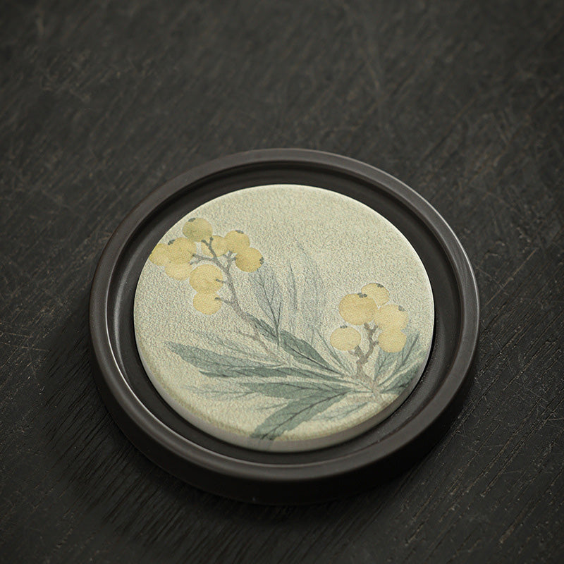 Buddha Stonesの花 桃色 般若心経 ビワ 木蓮 柿 陶器 カップマット パッド コースター カンフー ティーマット