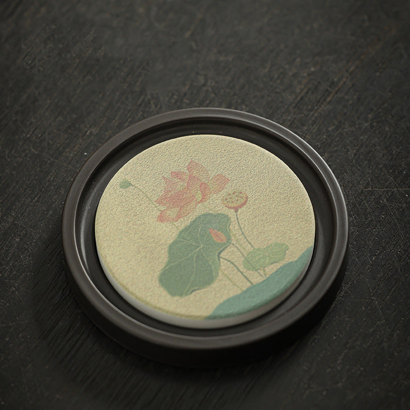 Buddha Stonesの花 桃色 般若心経 ビワ 木蓮 柿 陶器 カップマット パッド コースター カンフー ティーマット