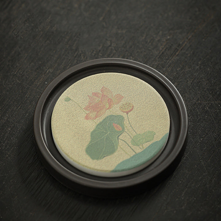 Buddha Stonesの花 桃色 般若心経 ビワ 木蓮 柿 陶器 カップマット パッド コースター カンフー ティーマット