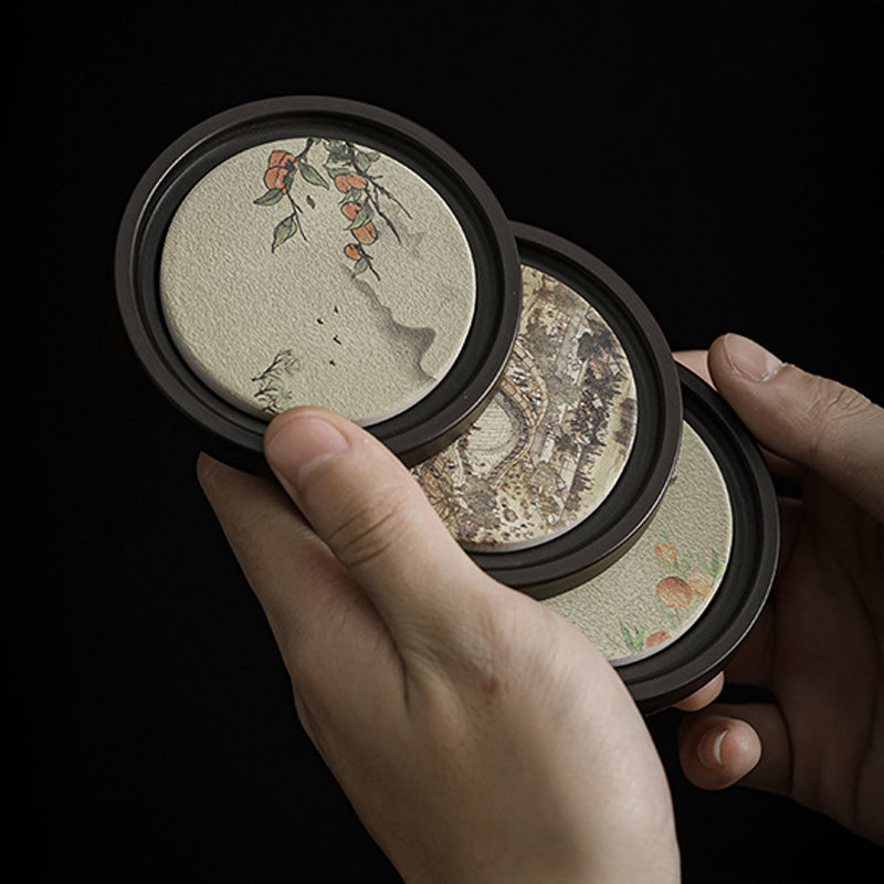 Buddha Stonesの花 桃色 般若心経 ビワ 木蓮 柿 陶器 カップマット パッド コースター カンフー ティーマット