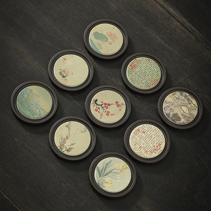 Buddha Stonesの花 桃色 般若心経 ビワ 木蓮 柿 陶器 カップマット パッド コースター カンフー ティーマット