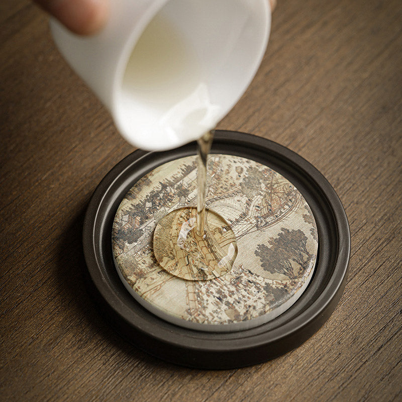 Buddha Stonesの花 桃色 般若心経 ビワ 木蓮 柿 陶器 カップマット パッド コースター カンフー ティーマット