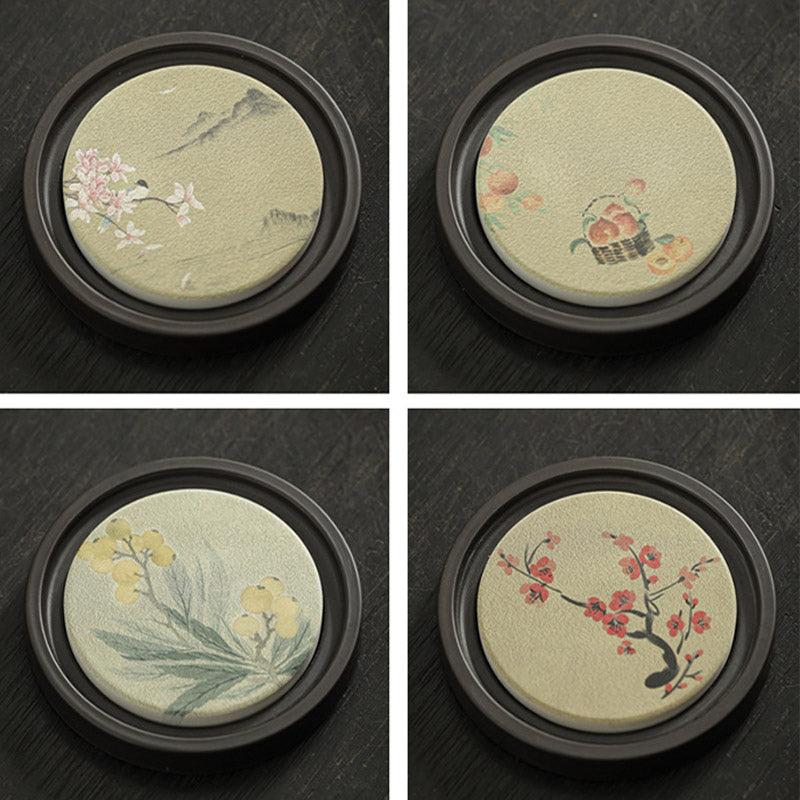 Buddha Stonesの花 桃色 般若心経 ビワ 木蓮 柿 陶器 カップマット パッド コースター カンフー ティーマット