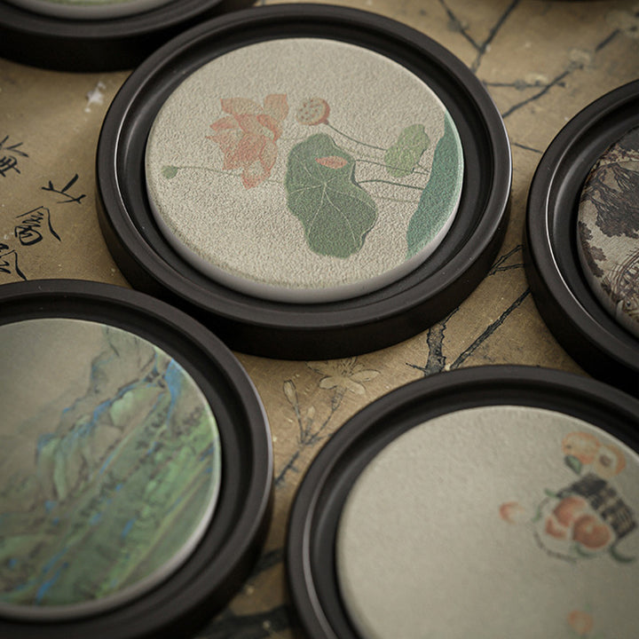 Buddha Stonesの花 桃色 般若心経 ビワ 木蓮 柿 陶器 カップマット パッド コースター カンフー ティーマット