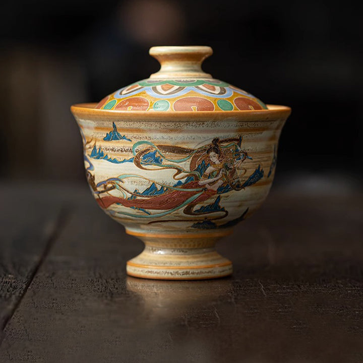 Buddha Stones敦煌 フライング アプサラス セラミック Gaiwan Sancai ティーカップ カンフー ティーカップ 蓋付き