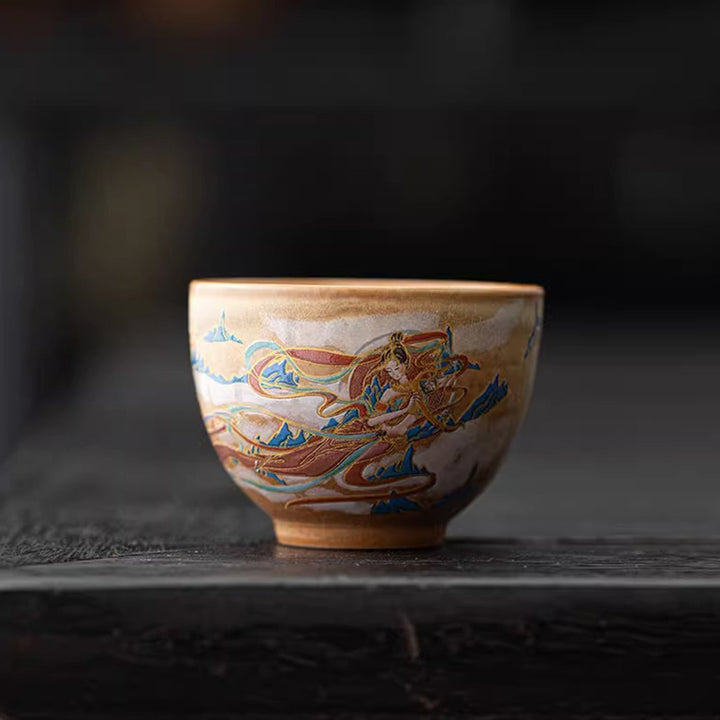 Buddha Stones敦煌 フライング アプサラス セラミック Gaiwan Sancai ティーカップ カンフー ティーカップ 蓋付き