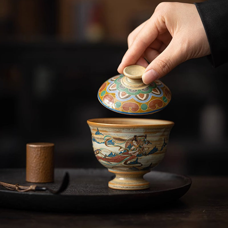 Buddha Stones敦煌 フライング アプサラス セラミック Gaiwan Sancai ティーカップ カンフー ティーカップ 蓋付き
