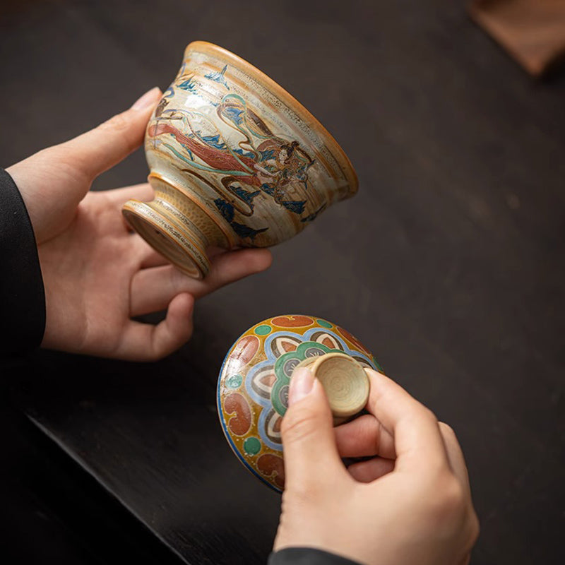Buddha Stones敦煌 フライング アプサラス セラミック Gaiwan Sancai ティーカップ カンフー ティーカップ 蓋付き