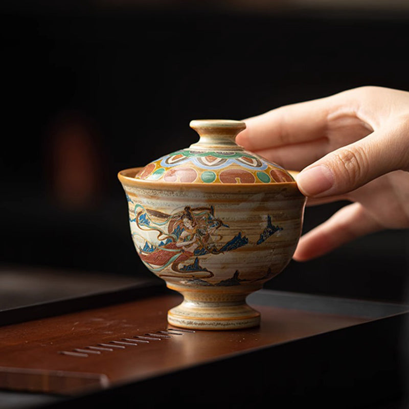 Buddha Stones敦煌 フライング アプサラス セラミック Gaiwan Sancai ティーカップ カンフー ティーカップ 蓋付き