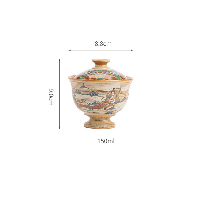 Buddha Stones敦煌 フライング アプサラス セラミック Gaiwan Sancai ティーカップ カンフー ティーカップ 蓋付き