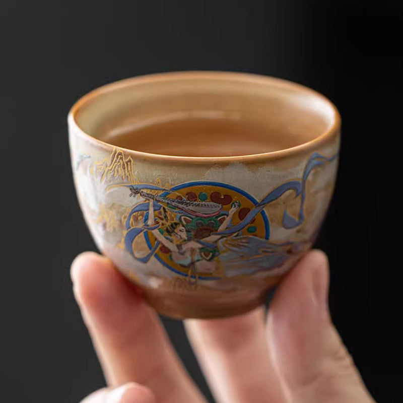Buddha Stones敦煌 フライング アプサラス セラミック Gaiwan Sancai ティーカップ カンフー ティーカップ 蓋付き