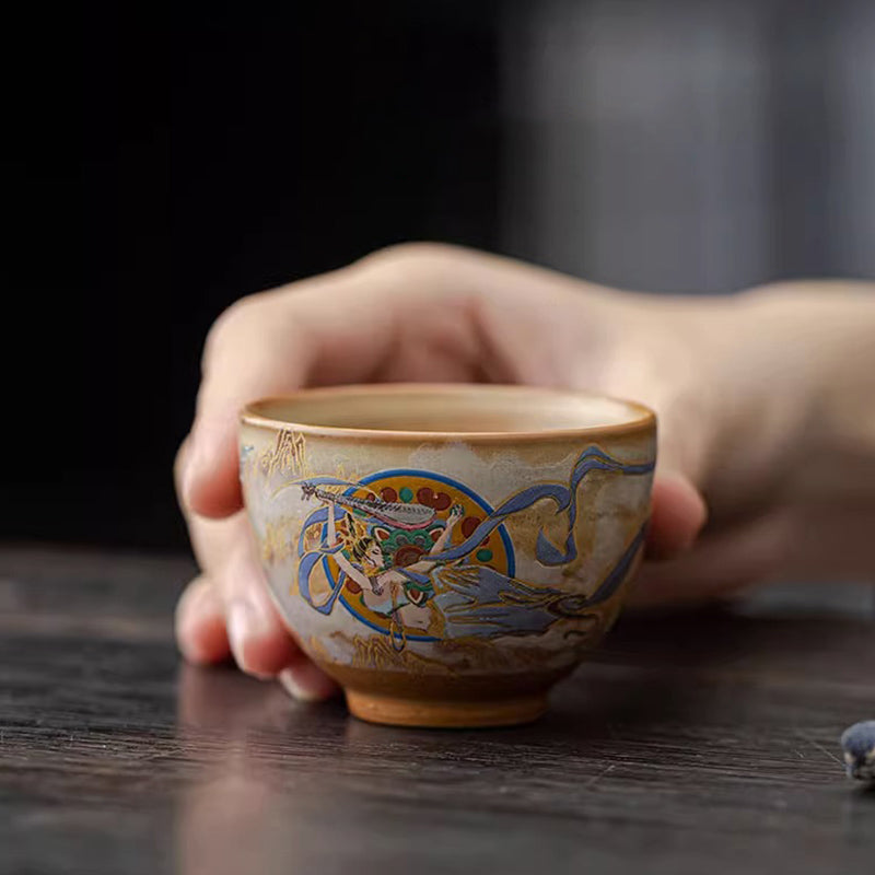Buddha Stones敦煌 フライング アプサラス セラミック Gaiwan Sancai ティーカップ カンフー ティーカップ 蓋付き