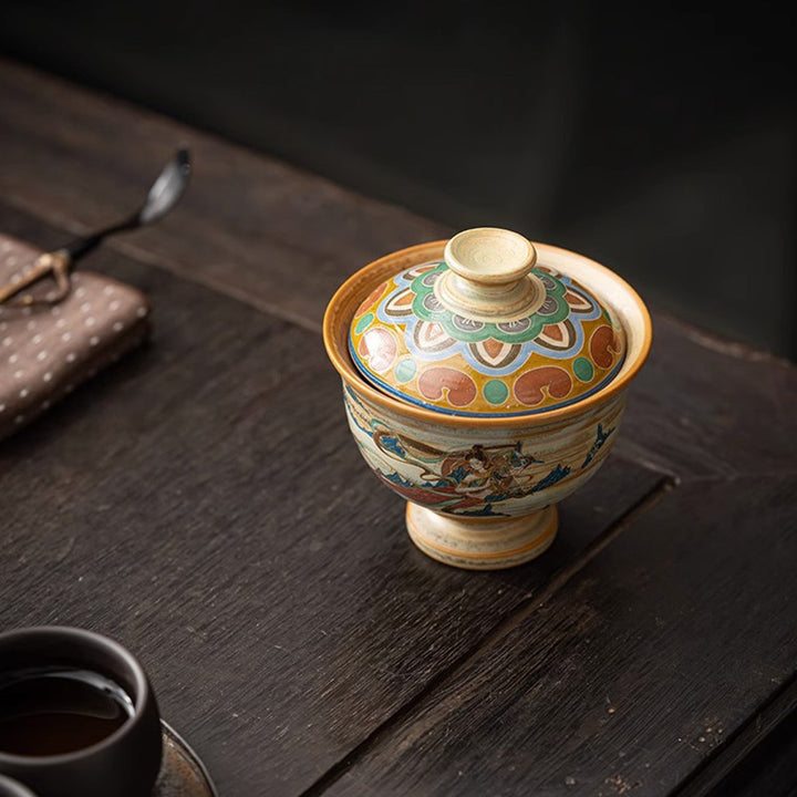 Buddha Stones敦煌 フライング アプサラス セラミック Gaiwan Sancai ティーカップ カンフー ティーカップ 蓋付き