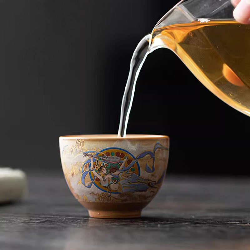 Buddha Stones敦煌 フライング アプサラス セラミック Gaiwan Sancai ティーカップ カンフー ティーカップ 蓋付き